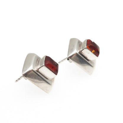 925 Sterling Silver Vintage Real Amber Modernist Earrings
