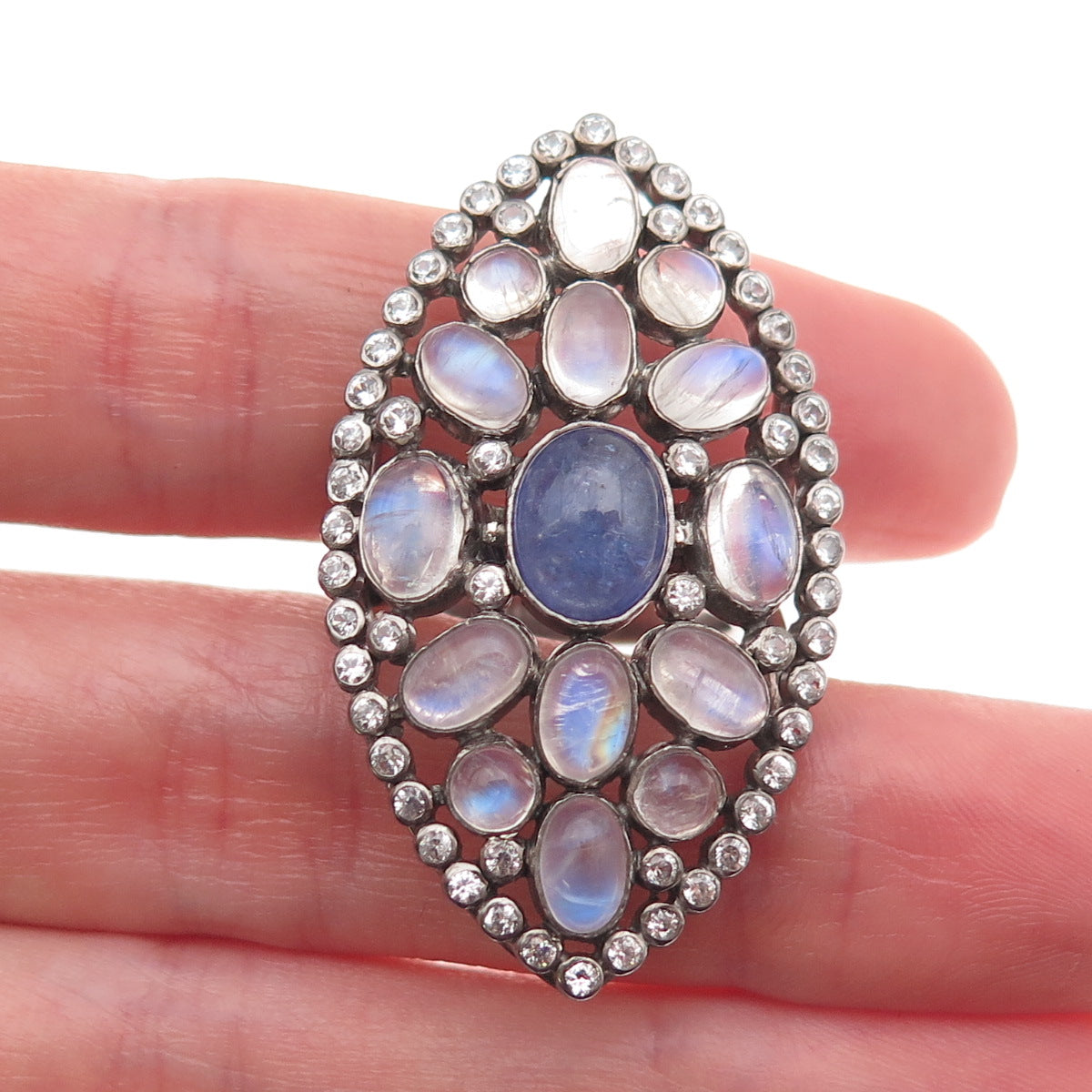 DSMK Sterling Silver Black Rhodium Real Tanzanite Moonstone & Topaz Ring Size 7