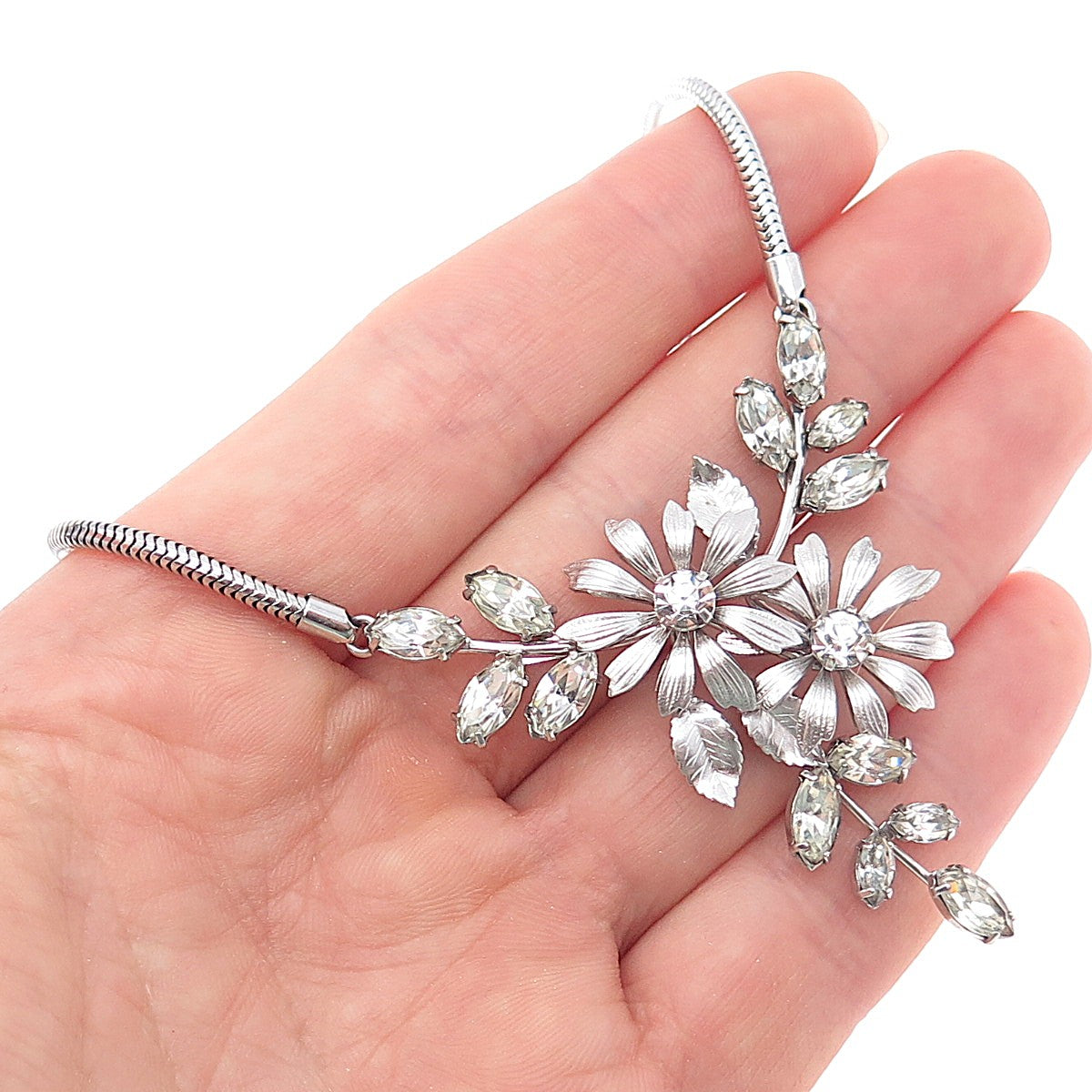 KREMENTZ 925 Sterling Silver Vintage Rhinestone Flower Snake Chain Necklace 16"