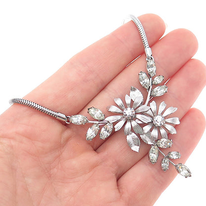 KREMENTZ 925 Sterling Silver Vintage Rhinestone Flower Snake Chain Necklace 16"