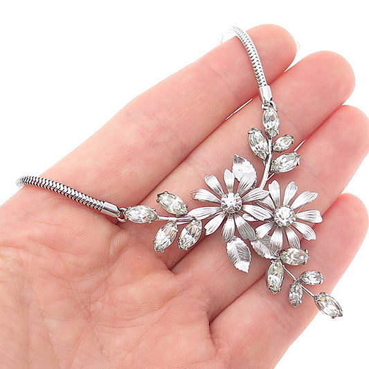 KREMENTZ 925 Sterling Silver Vintage Rhinestone Flower Snake Chain Necklace 16"