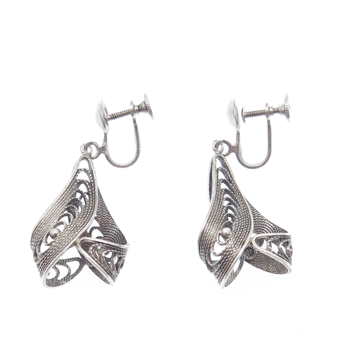 925 Sterling Silver Antique Art Deco Filigree Twisted Dangle Screw Back Earrings