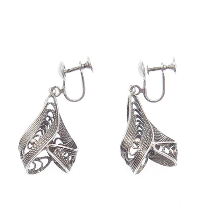 925 Sterling Silver Antique Art Deco Filigree Twisted Dangle Screw Back Earrings