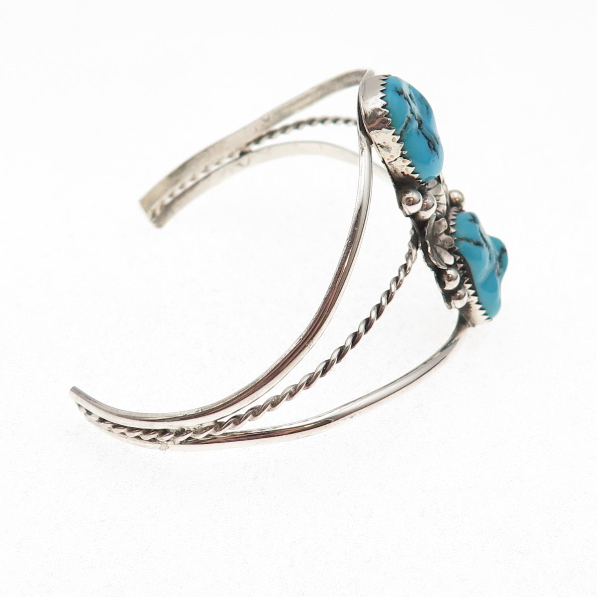 Old Pawn 925 Sterling Silver Vintage Turquoise Floral Adjustable Bracelet 7"