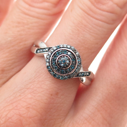 D'Joy 925 Sterling Silver Real Round-Cut Blue Diamond Ring Size 8