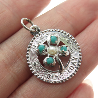 925 Sterling Silver Vintage Real Pearl & Glass "Happy Birthday" Flower Pendant