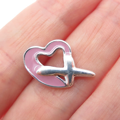 BALLOU 925 Sterling Silver Vintage Italy Enamel Heart Tie Tack / Lapel Pin