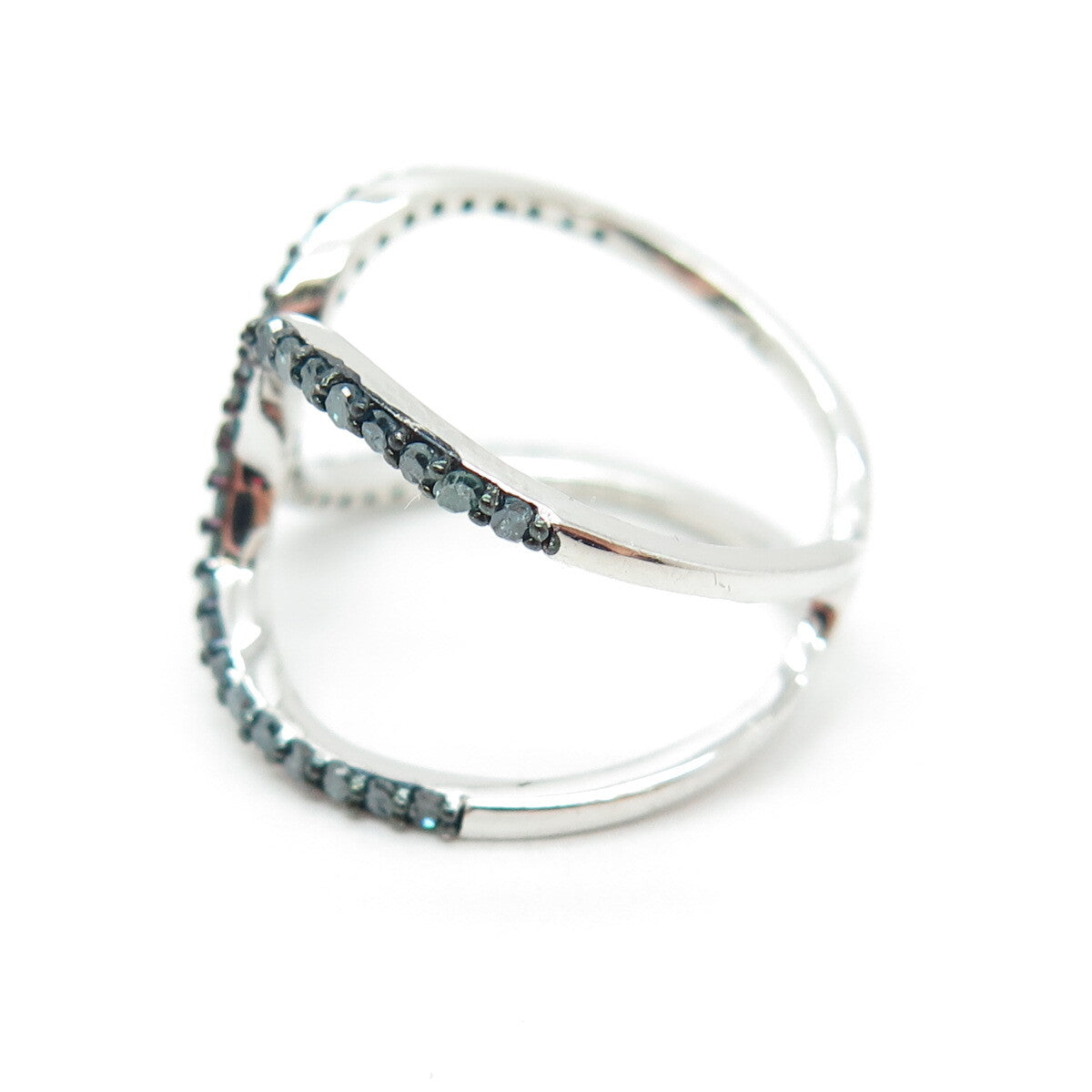 925 Sterling Silver Real Round-Cut Fancy Blue Diamond Hug Ring Size 7.25