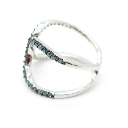 925 Sterling Silver Real Round-Cut Fancy Blue Diamond Hug Ring Size 7.25
