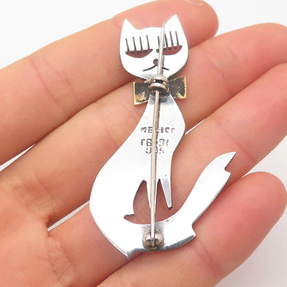 925 Sterling Silver 2-Tone Vintage Mexico Cat w/ Bow Pin Brooch
