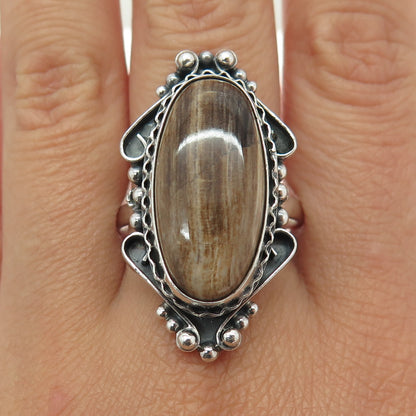 925 Sterling Silver Vintage Real Brown Aragonite Oxidized Ring Size 13.25