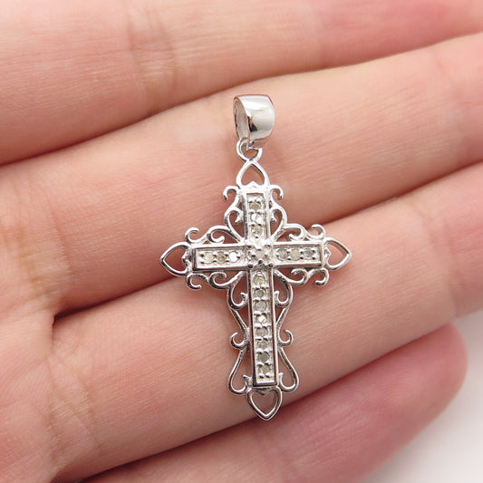 HAN 925 Sterling Silver Real Round-Cut White Diamond Cross Pendant