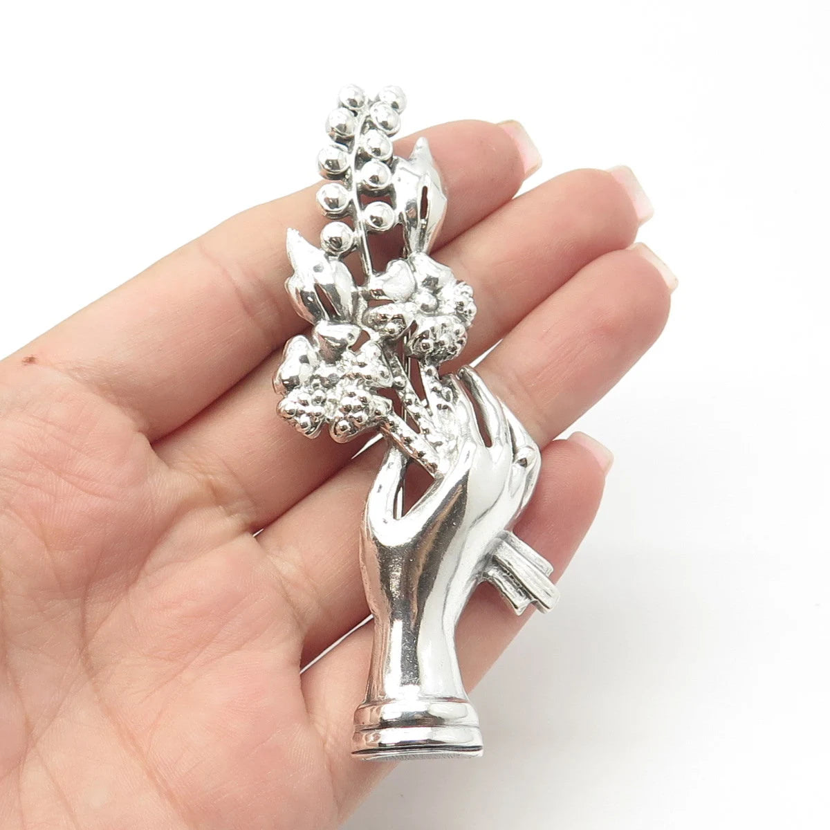 925 Sterling Silver Vintage Flowers in Hand Pin Brooch