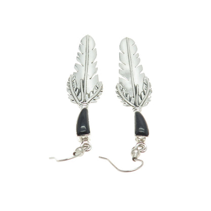 TED OTT Old Pawn 925 Sterling Silver Southwestern Black Onyx Feather Earrings