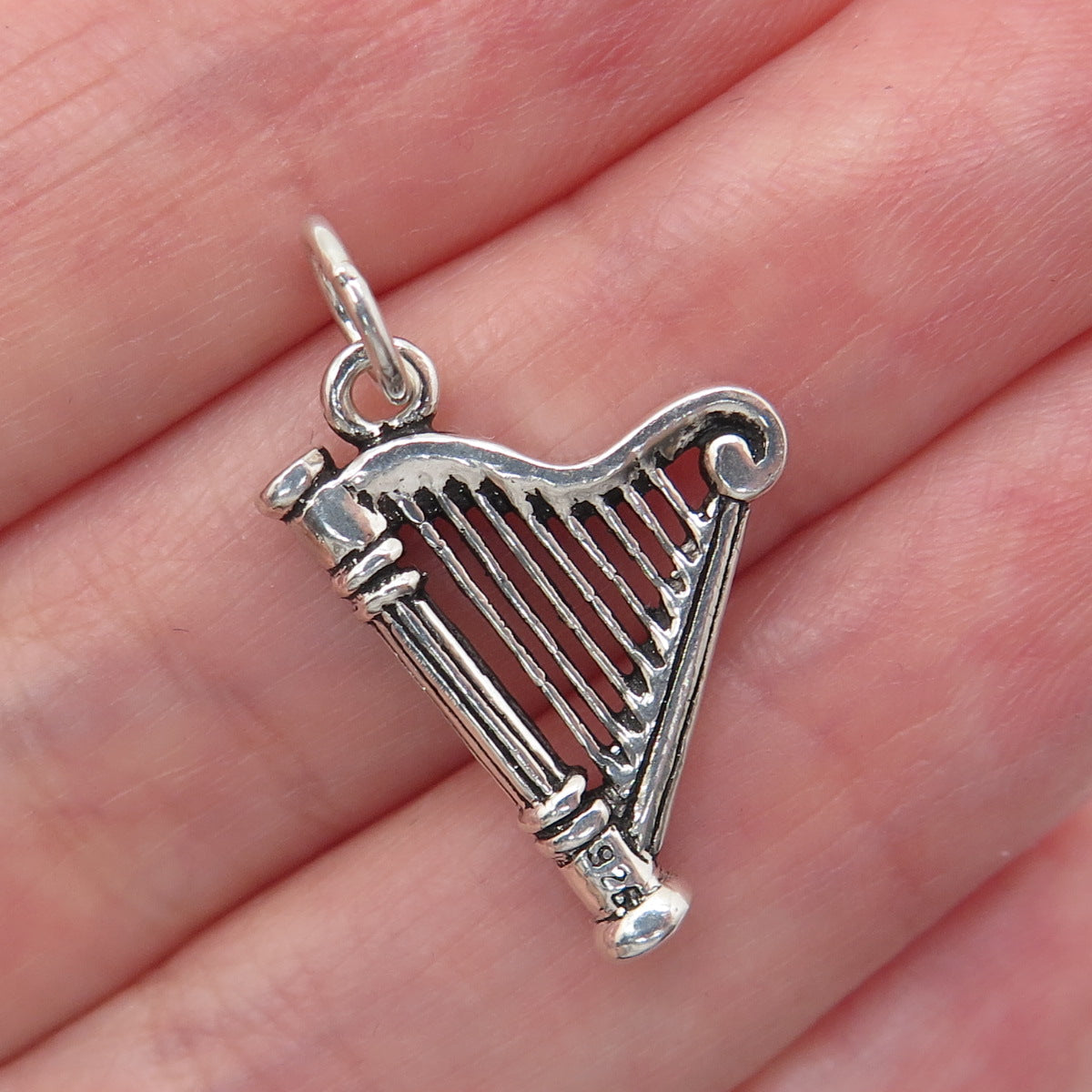 925 Sterling Silver Vintage Harp Oxidized Minimalist Charm Pendant