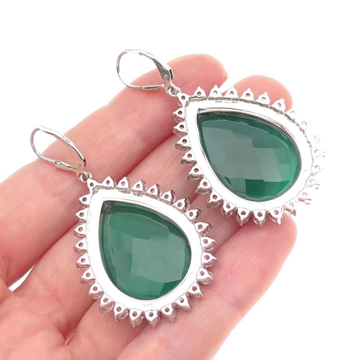925 Sterling Silver Real Green Chalcedony & White Topaz Teardrop Dangle Earrings