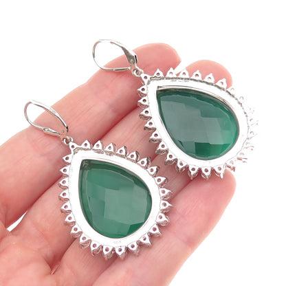 925 Sterling Silver Real Green Chalcedony & White Topaz Teardrop Dangle Earrings