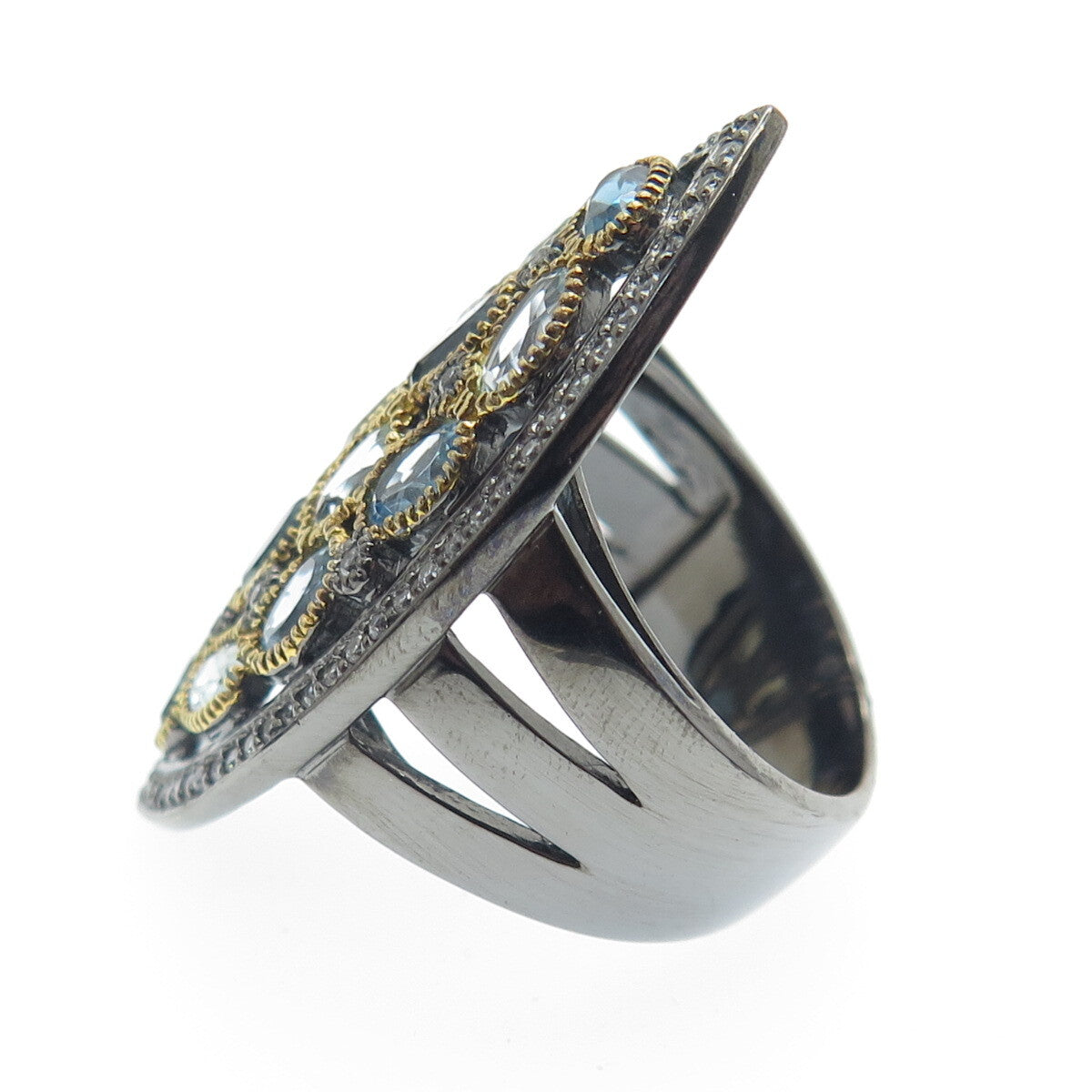 DSMK Sterling Silver Black Rhodium London Swiss Blue White Topaz Ring Size 6.25