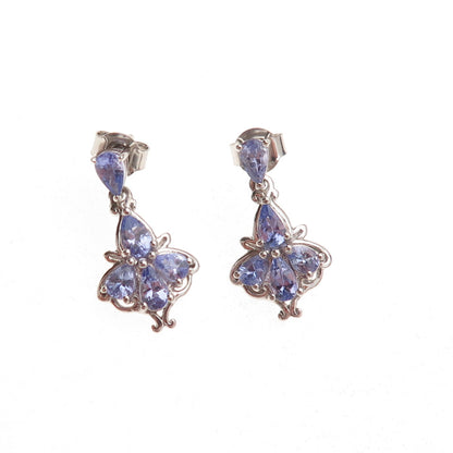 D'Joy 925 Sterling Silver Real Tanzanite Floral Dangle Earrings
