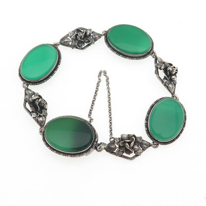 925 Sterling Silver Antique Art Deco Real Green Agate Floral Bracelet 7.25"