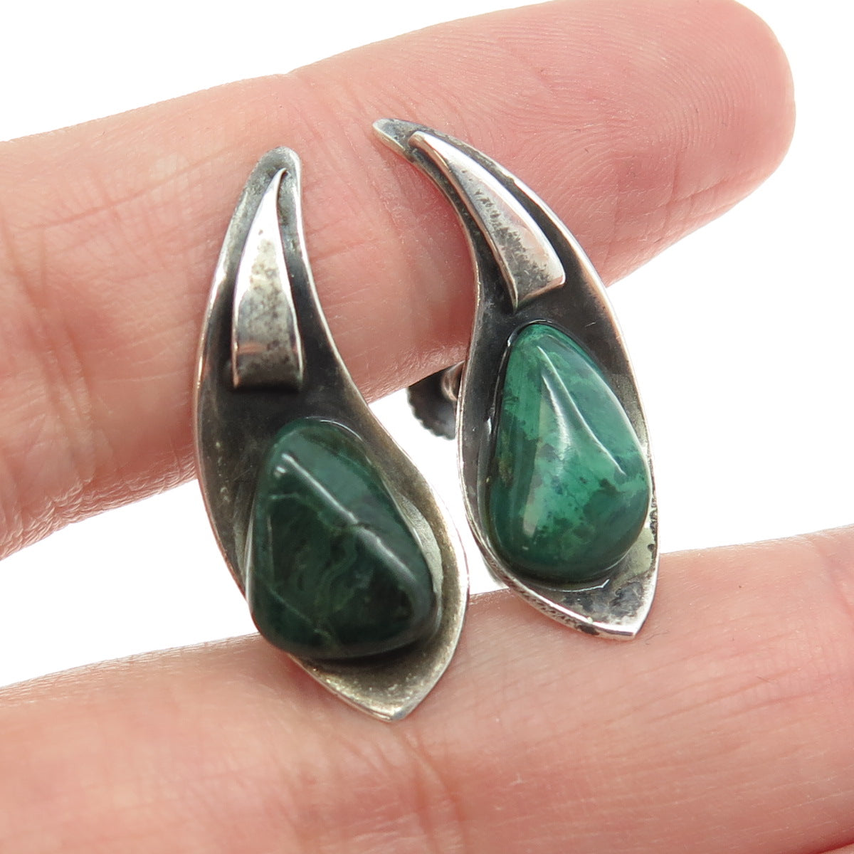 925 Sterling Silver Antique Art Deco Real Malachite Claw Screw Back Earrings