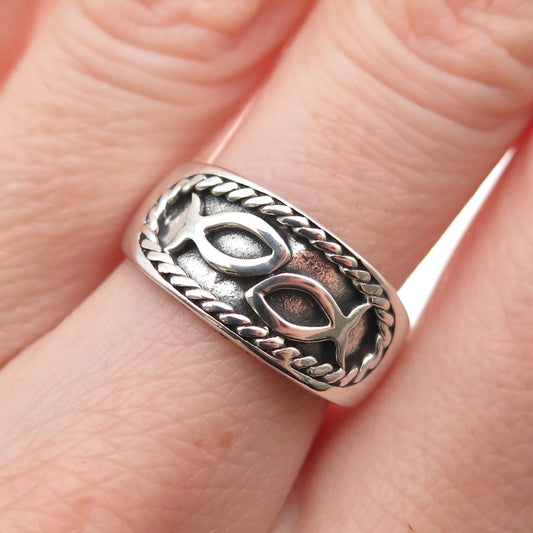 925 Sterling Silver Vintage Pisces Zodiac Sign Oxidized Ring Size 7