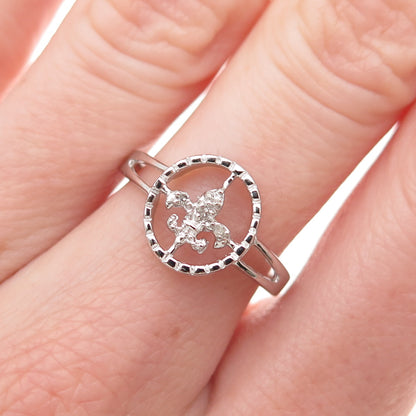 925 Sterling Silver Real Round-Cut Diamond Fleur de Lis Ring Size 7