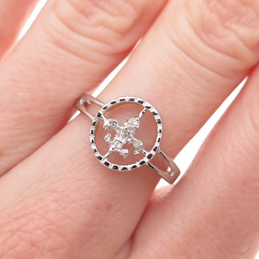 925 Sterling Silver Real Round-Cut Diamond Fleur de Lis Ring Size 7