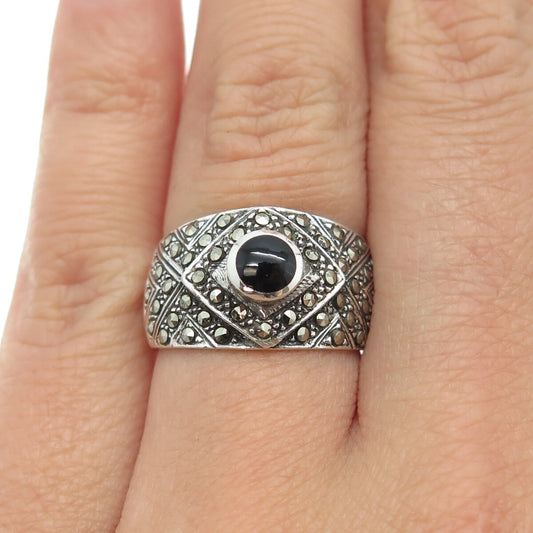 925 Sterling Silver Vintage Black Onyx & Marcasite Gem Art-Deco Ring Size 6.25