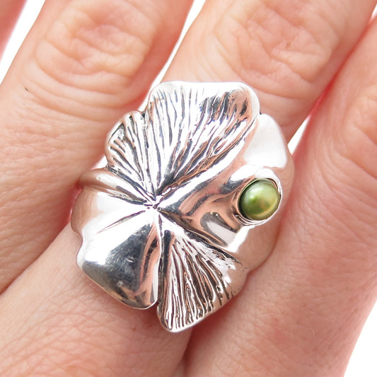 HAGIT GORALI Sterling Silver Vintage Green Pearl Clover Modernist Ring Size 7
