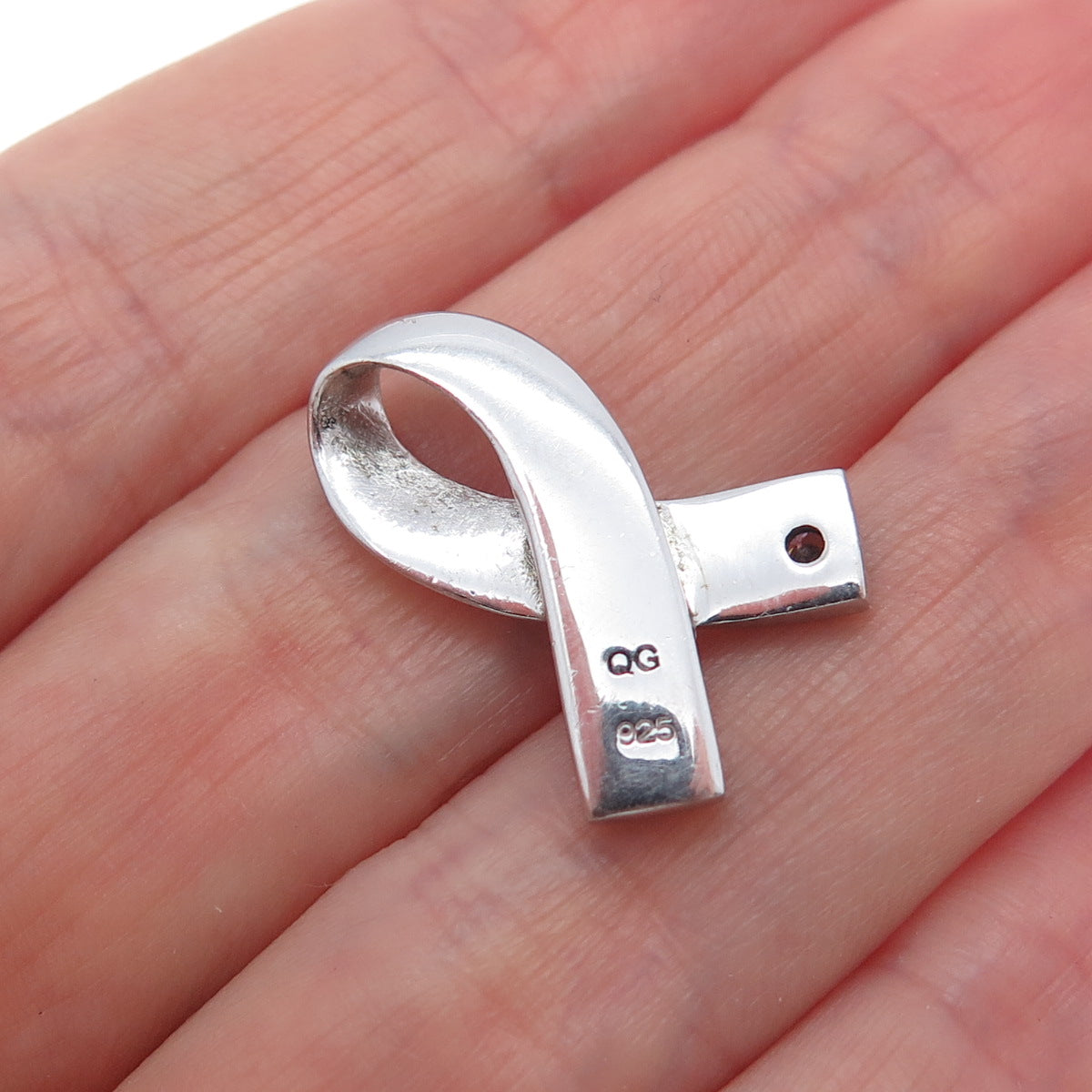 925 Sterling Vintage Pink C Z Breast Cancer Awareness Ribbon Mini Slide Pendant