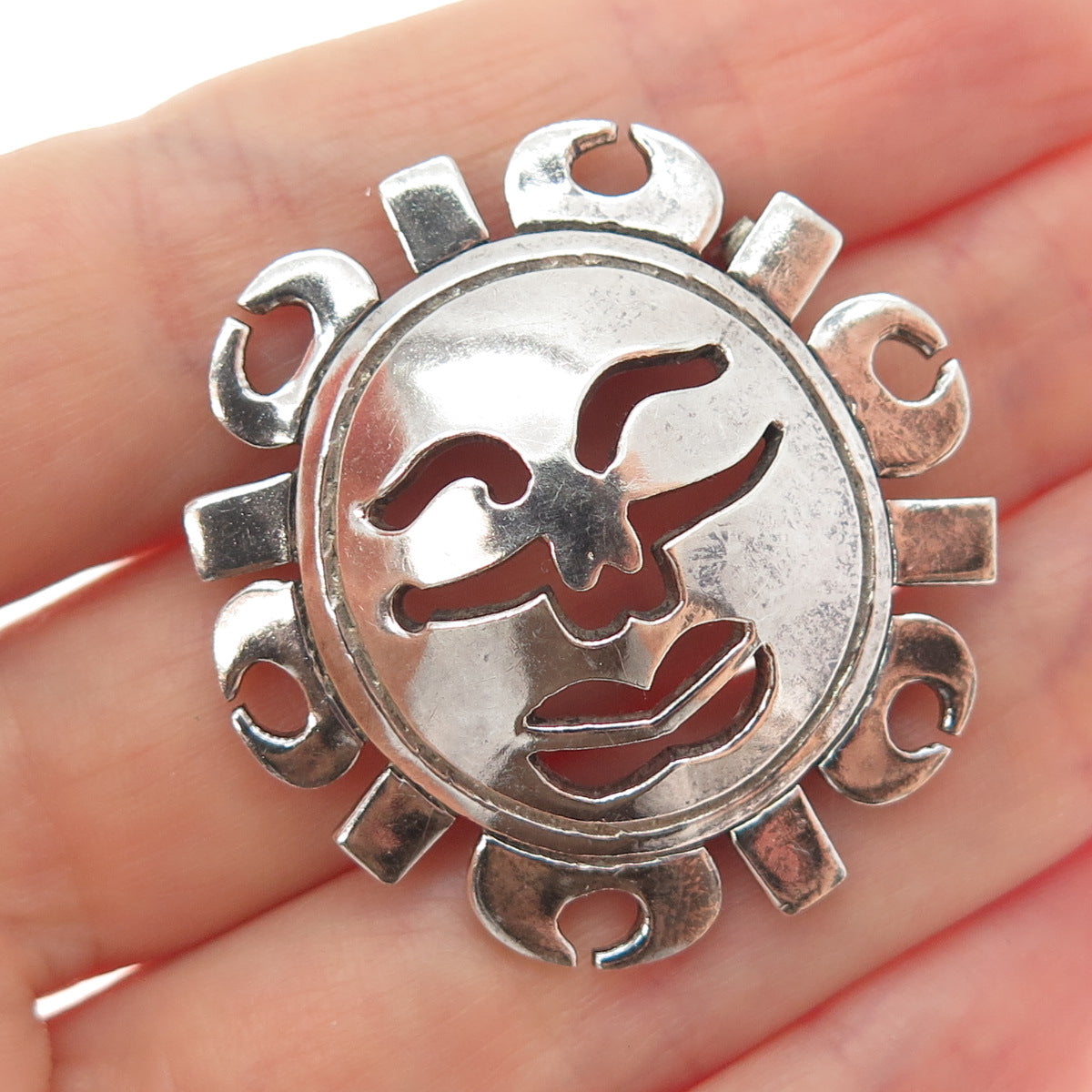 925 Sterling Silver Vintage Mexico Sun Face Modernist Oxidized Pin Brooch