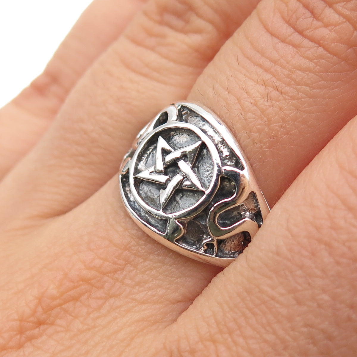 925 Sterling Silver Vintage Pentagram Oxidized Biker Ring Size 9