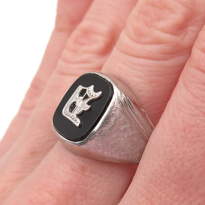 VARGAS Sterling Silver Antique Art Deco Real Black Onyx Letter E Ring Size 11