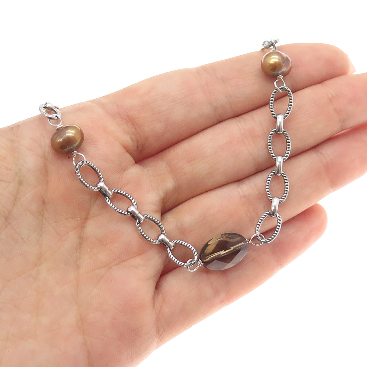 925 Sterling Silver Vintage Real Baroque Pearl & Smoky Quartz Necklace 16"