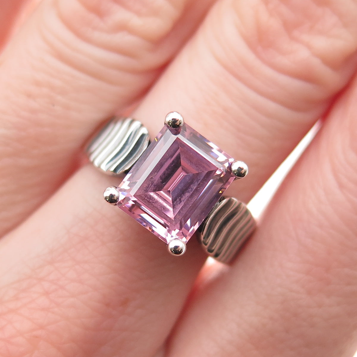 925 Sterling Silver Vintage Emerald-Cut Pink C Z Oxidized Ring Size 7
