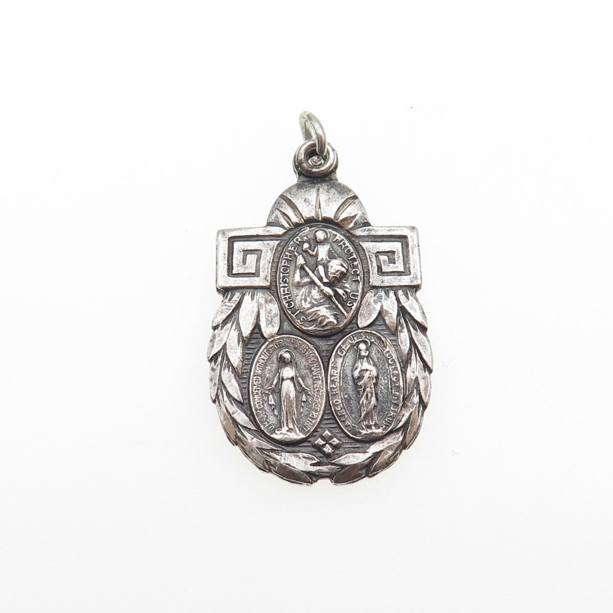 925 Sterling Silver Antique Art Deco Catholic Religious Medal Oxidized Pendant