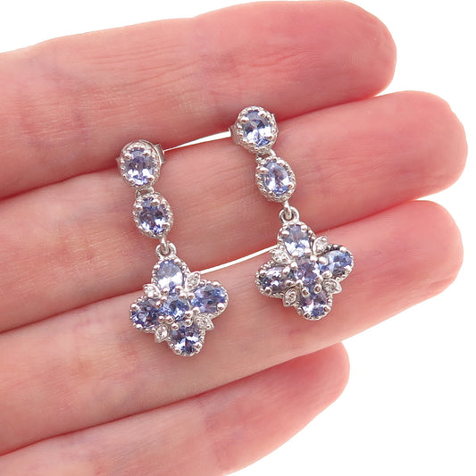 Chuck Clemency 925 Sterling Silver Real Tanzanite & White Topaz Dangle Earrings