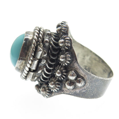 925 Sterling Silver Vintage Mexico Turquoise Cannetille Ring Size 6.5