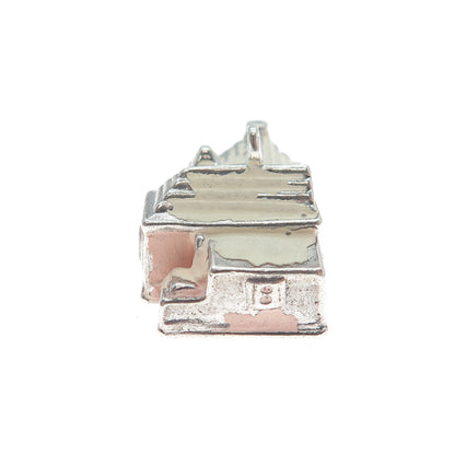 WELLS 925 Sterling Silver Antique Enamel Old Church Minimalist 3D Charm Pendant