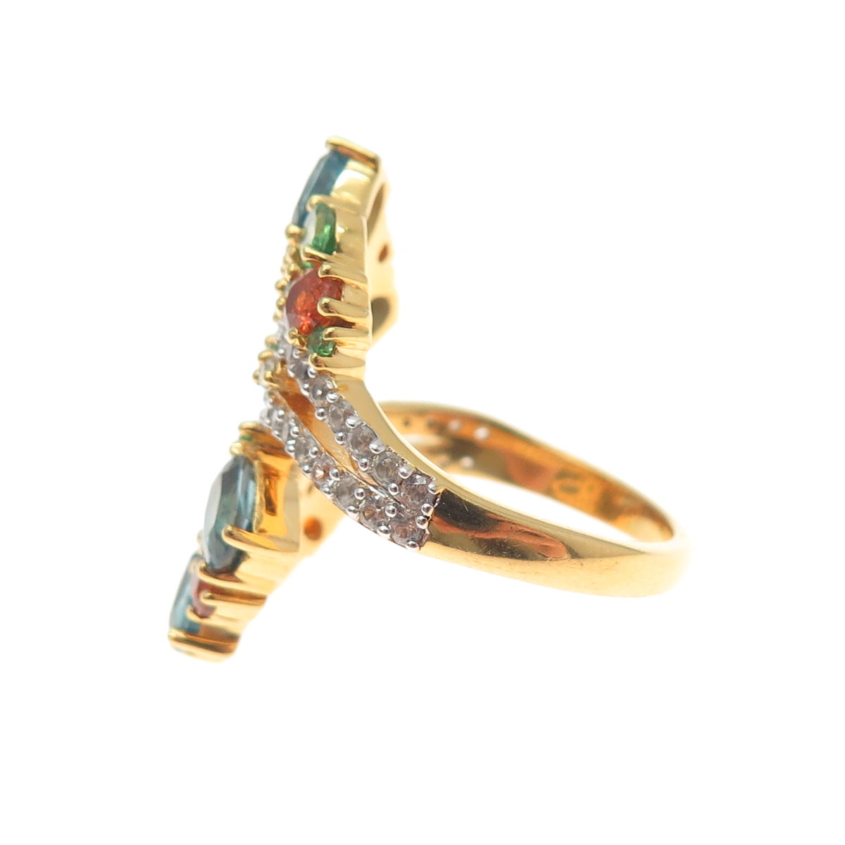 925 Sterling Gold Plated Blue White Topaz & Fire Tsavorite Garnet Ring Size 7.5