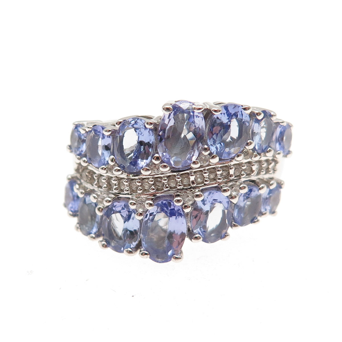 925 Sterling Silver Real Oval & Round-Cut Tanzanite & White Topaz Ring Size 8