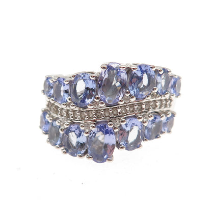 925 Sterling Silver Real Oval & Round-Cut Tanzanite & White Topaz Ring Size 8