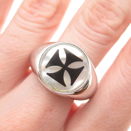 Dasan 925 Sterling Silver Real MOP Cross Signet Ring Size 10.5