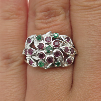 925 Sterling Silver Vintage Real Round-Cut Ruby & Emerald Flower Ring Size 5.75