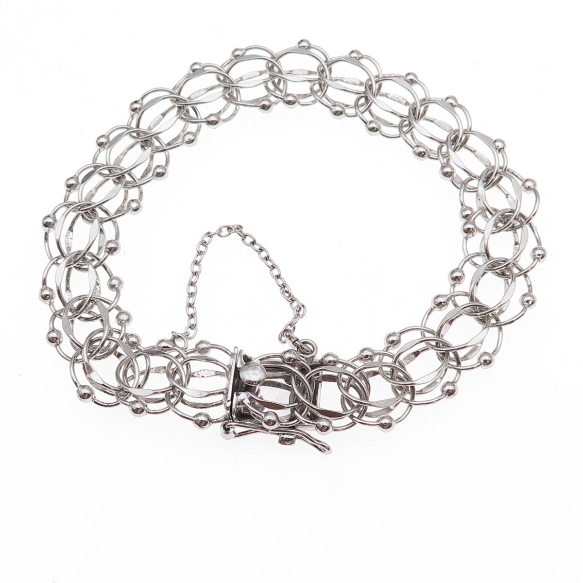 American 925 Sterling Silver Antique Art Deco Beaded Bismark Link Bracelet 7.25"