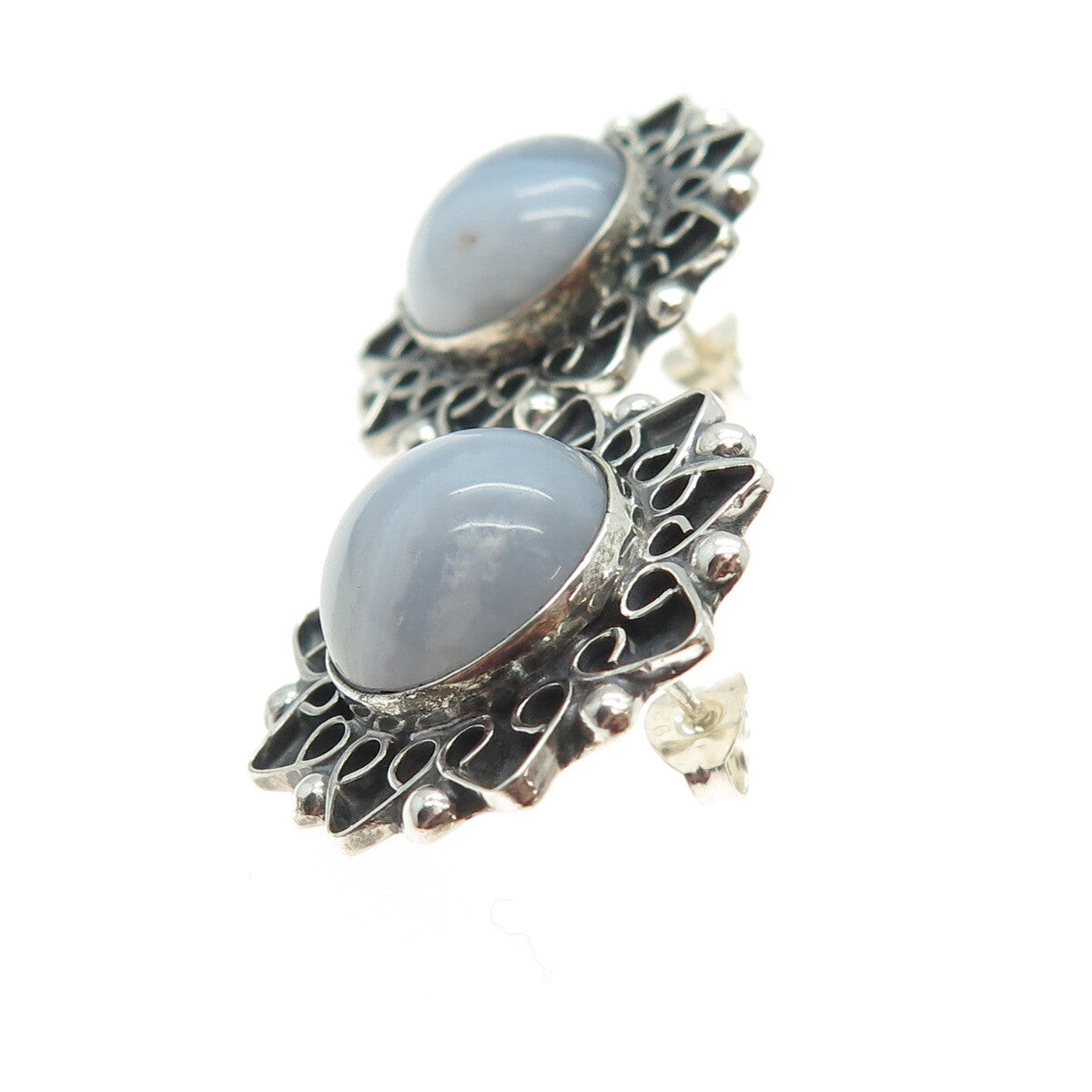 925 Sterling Silver Vintage CII Mexico Blue Lace Agate Floral Oxidized Earrings