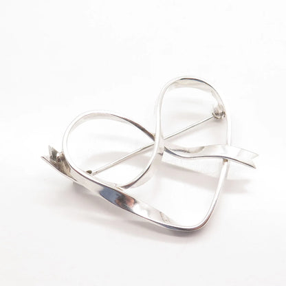 925 Sterling Silver Vintage Open Heart Ribbon Pin Brooch