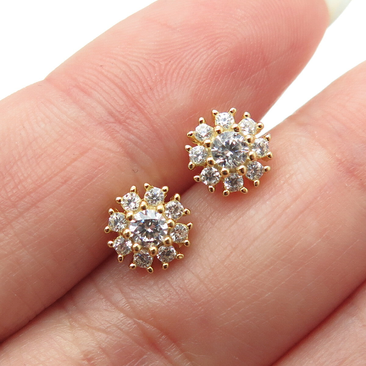 925 Sterling Silver Gold Plated Round-Cut C Z Floral Stud Earrings