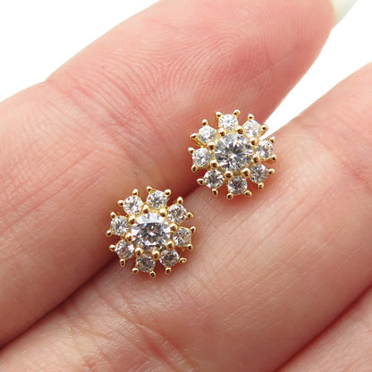 925 Sterling Silver Gold Plated Round-Cut C Z Floral Stud Earrings